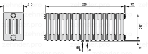 Схема (чертеж) Радиатор Zehnder Charleston 6026/18 №5410 Белый глянцевый RAL 9016
